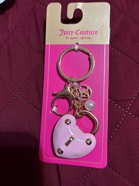 Juicy Couture Pink Heart Padlock Key & Charm Keychain with Gold Hardware